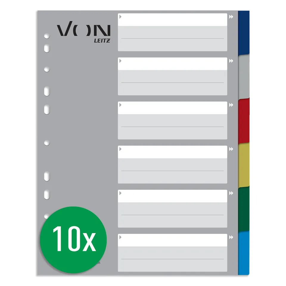 von-leitz-10er-pack-register-a4-6-teilig-mehrfarbig-pp-extra-breit-11-loch image 1